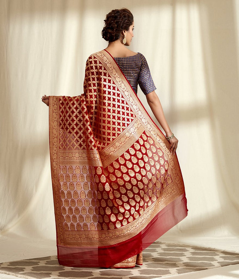 Khaddi Georgette Handloom Banarasi Saree - Gold Zari - The Handlooms