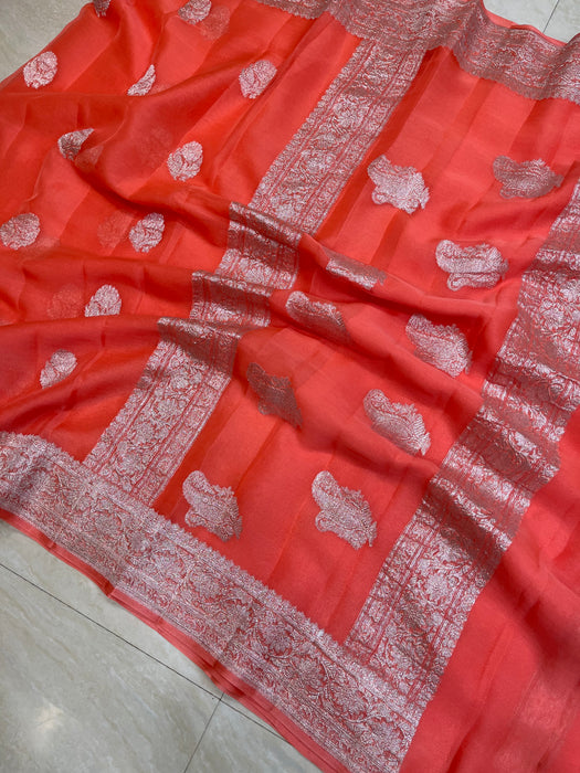 Peach Pure Georgette Banarasi Handloom Saree - The Handlooms