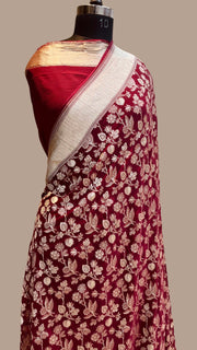 Maroon Khaddi Georgette Handloom Banarasi Saree - The Handlooms