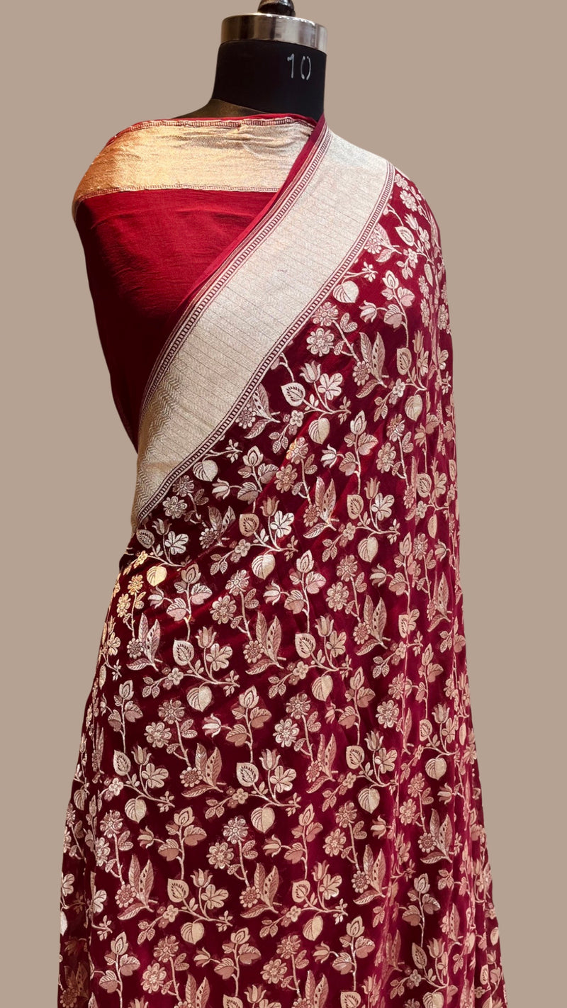 Maroon Khaddi Georgette Handloom Banarasi Saree - The Handlooms