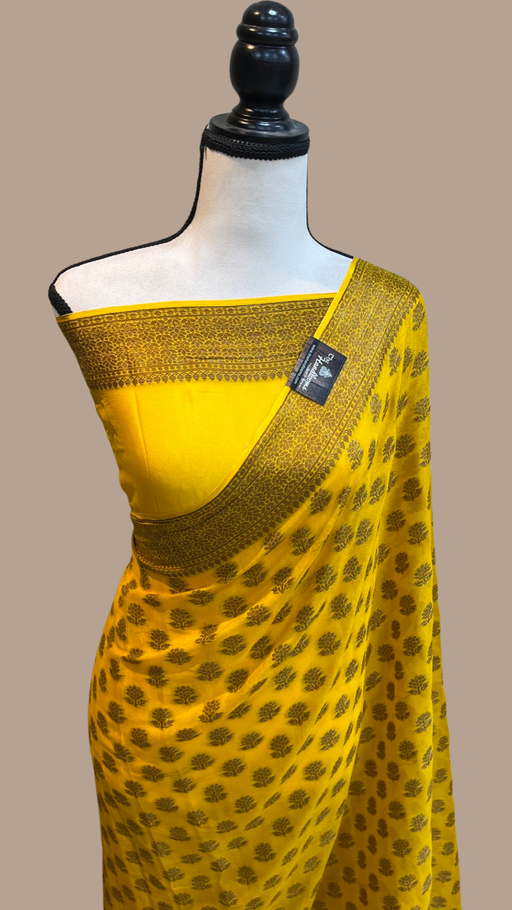 Golden Yellow Pure Chiffon Khaddi Banarasi Saree - The Handlooms