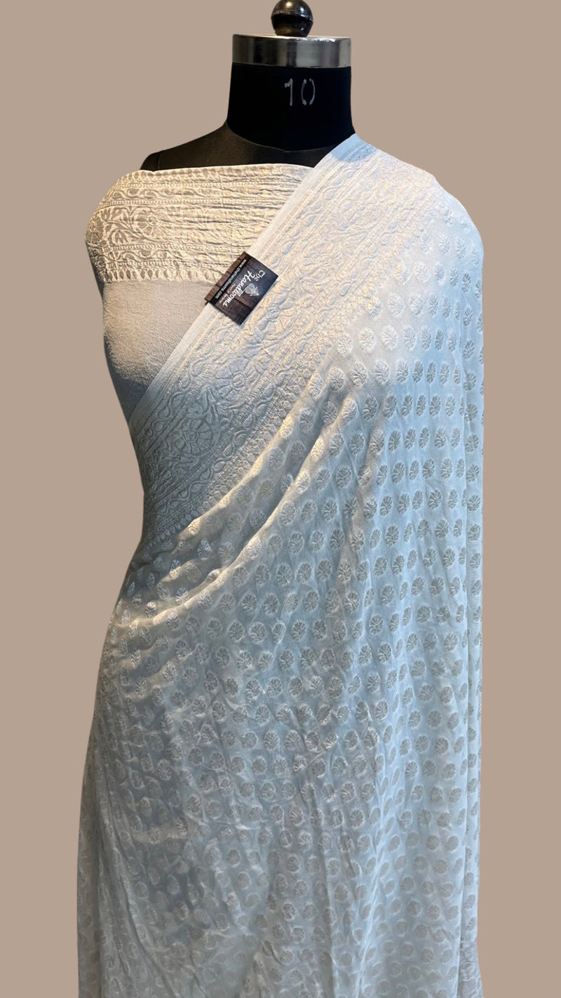 Pure Georgette Banarasi Saree - White - The Handlooms