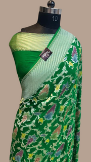 Green Khaddi Georgette Handloom Banarasi Saree - The Handlooms