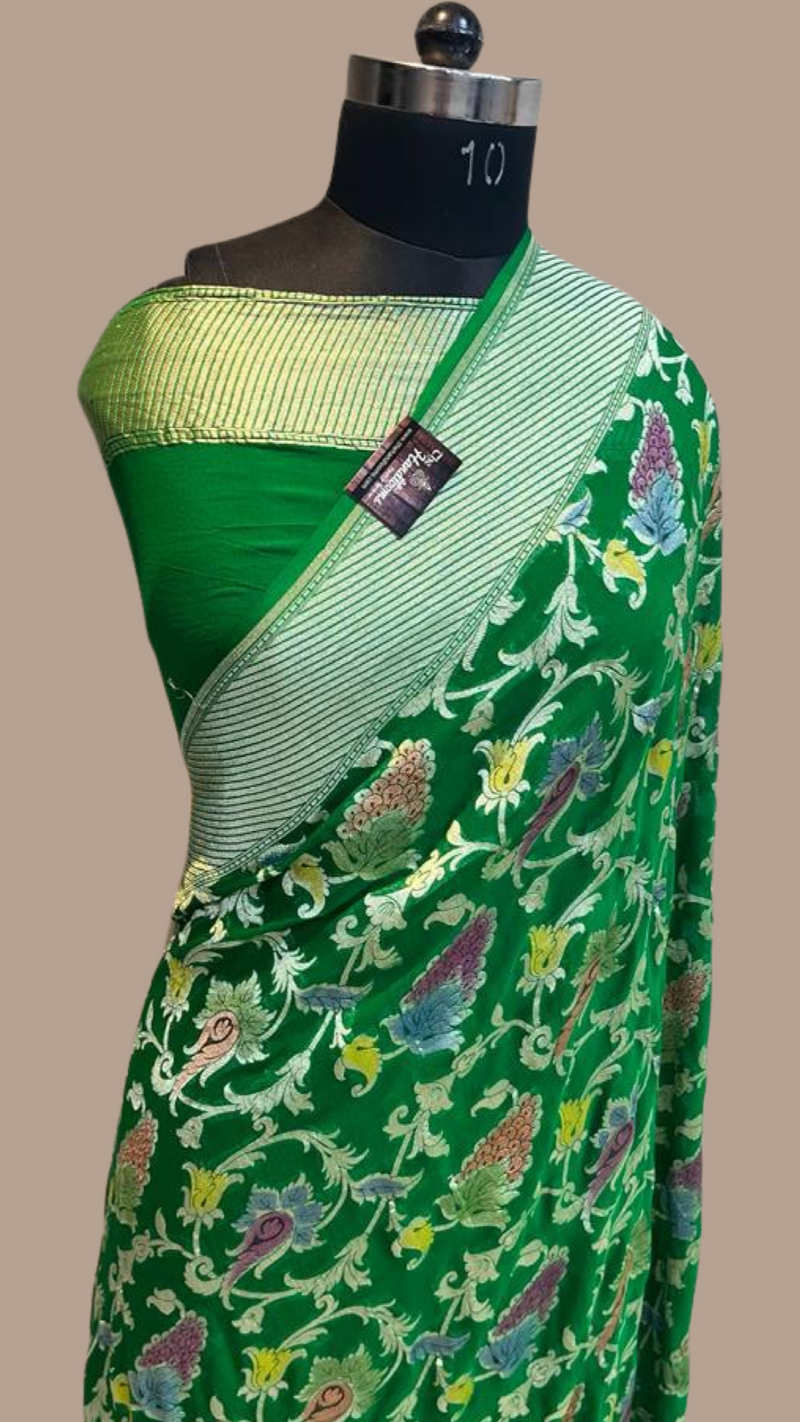 Green Khaddi Georgette Handloom Banarasi Saree - The Handlooms