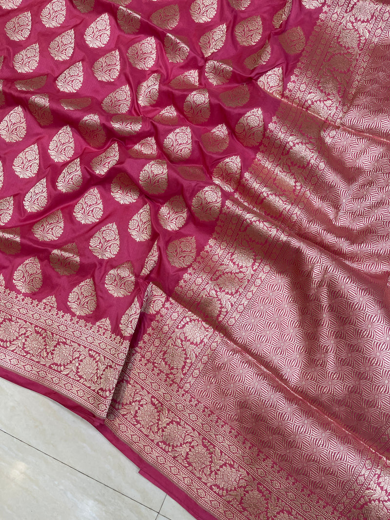 Strawberry Pink Pure Katan Silk Banarasi Handloom Saree - All over Jaal work - The Handlooms
