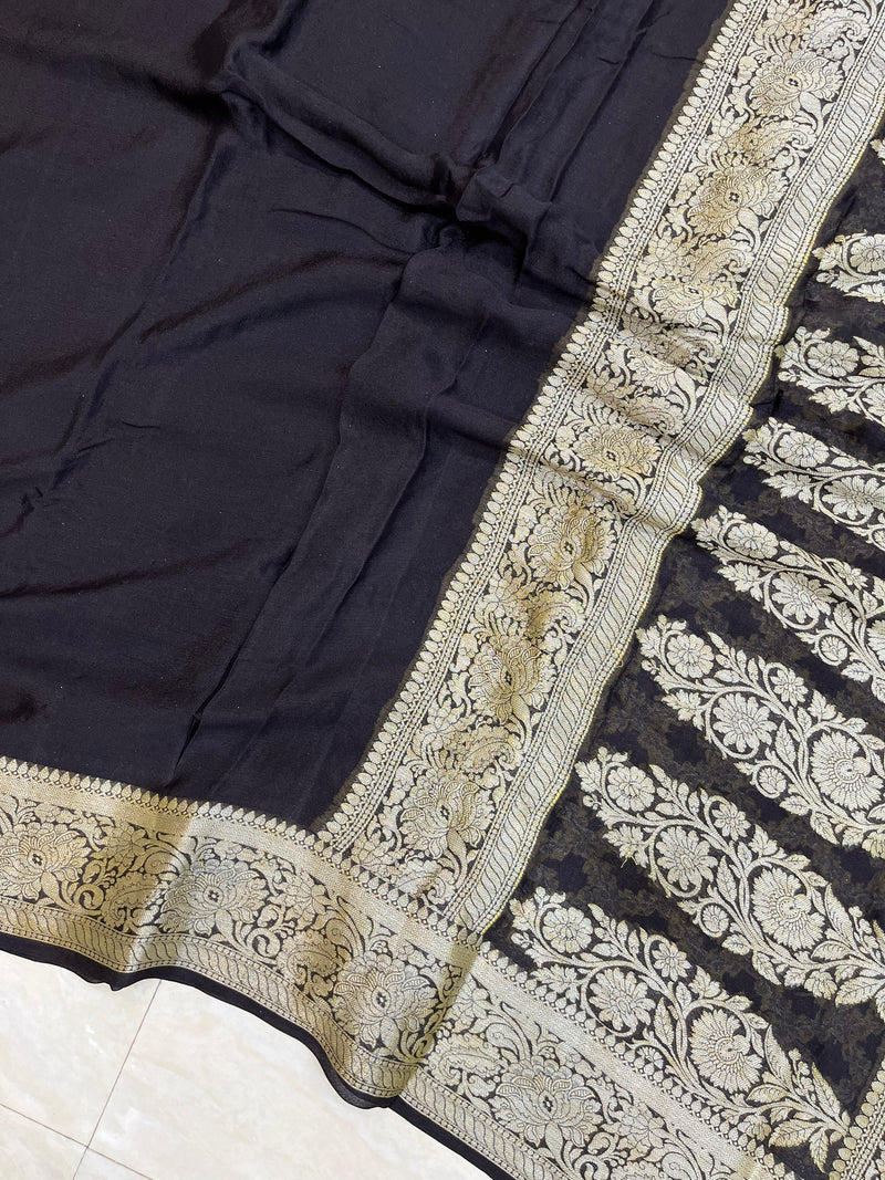 Black Pure Chiffon Khaddi Banarasi Saree - The Handlooms