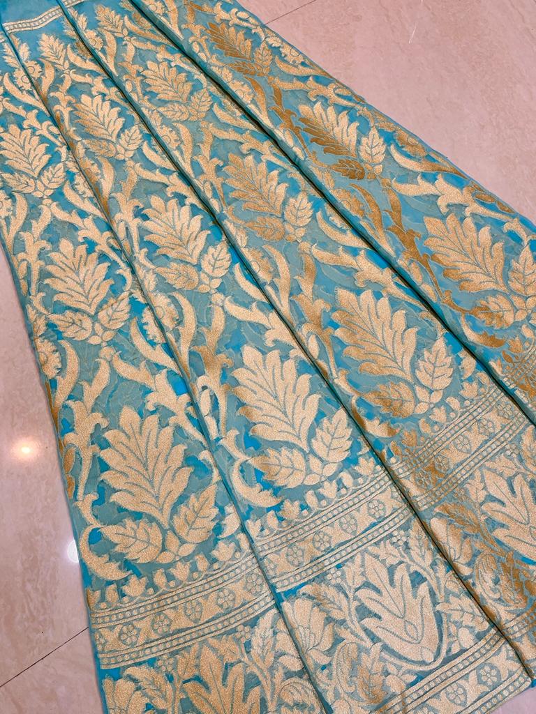 Aqua Blue Pure Khaddi Georgette Handloom Banarasi Lehenga - Stitched - The Handlooms