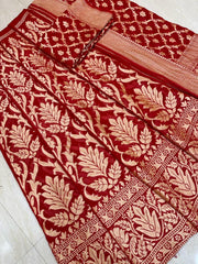 Red Pure Khaddi Georgette Handloom Banarasi Lehenga - Stitched - The Handlooms