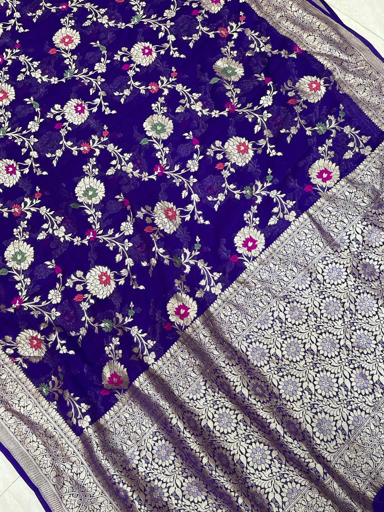 Khaddi Georgette Handloom Banarasi Saree - All over Jaal Work with meenakari - The Handlooms