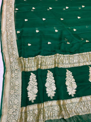 Green Pure Georgette Banarasi Saree - Gold zari - The Handlooms