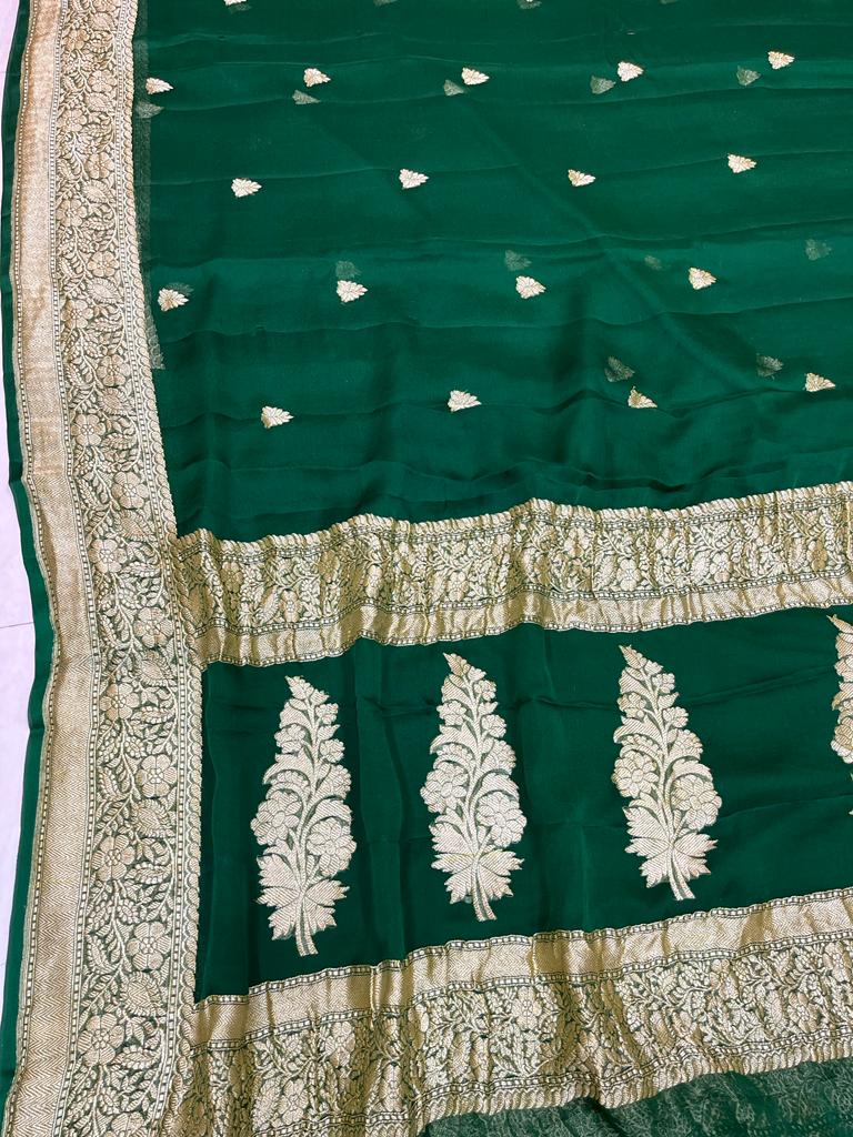 Green Pure Georgette Banarasi Saree - Gold zari - The Handlooms