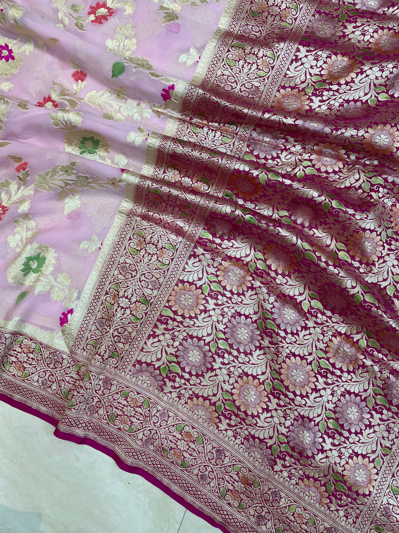 Khaddi Georgette Handloom Banarasi Saree - All over Jaal Work with meenakari - The Handlooms