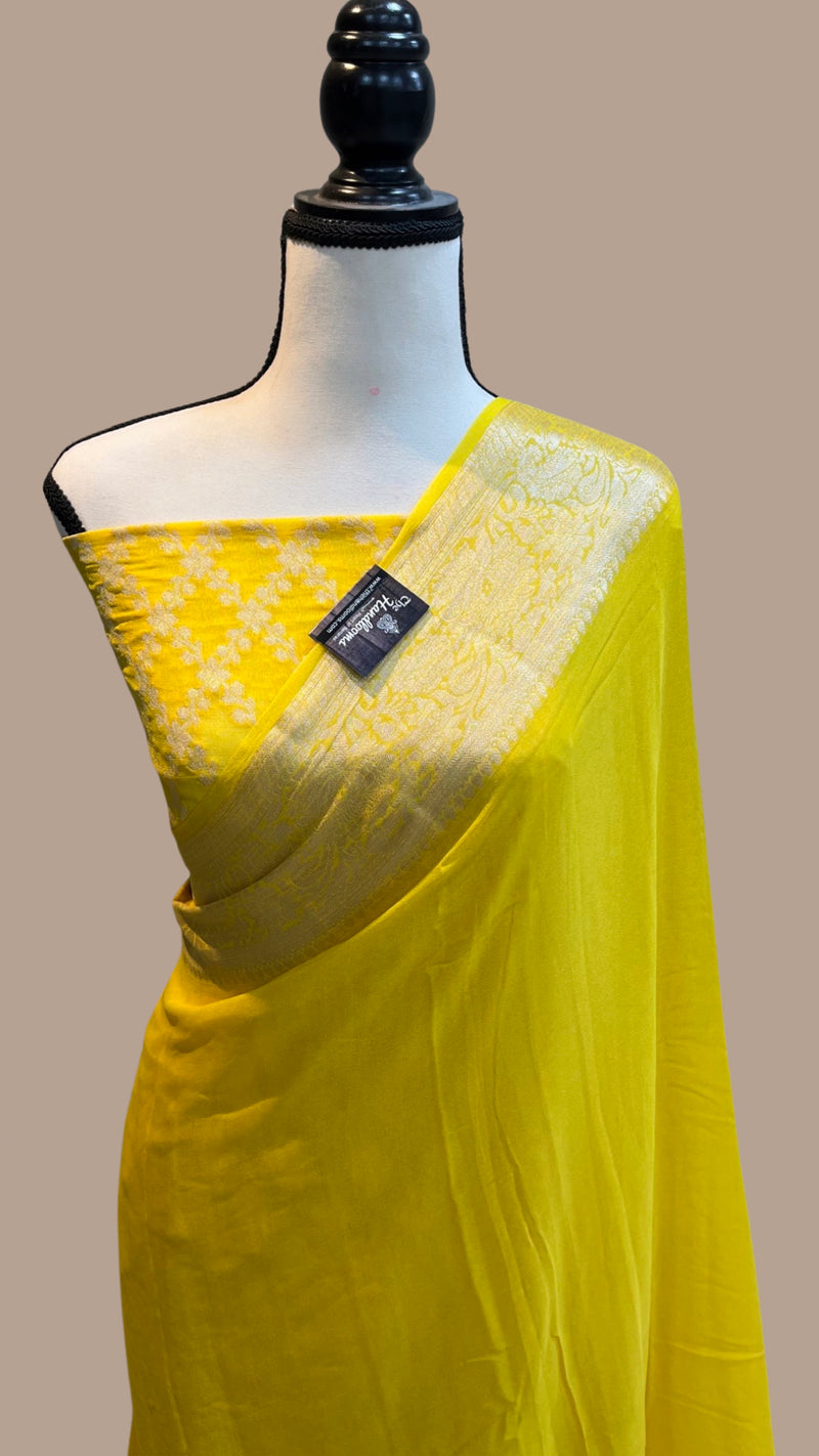 Yellow Pure Chiffon Khaddi Banarasi Saree - The Handlooms