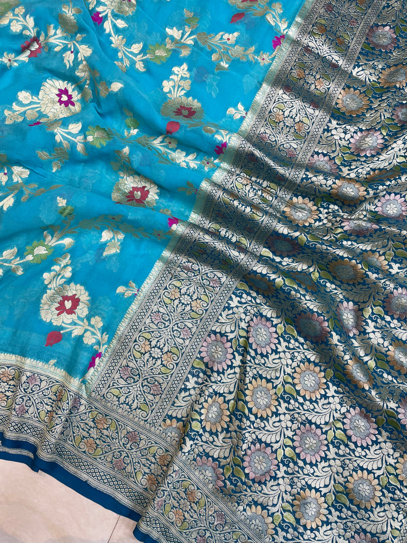 Khaddi Georgette Handloom Banarasi Saree - All over Jaal Work with meenakari - The Handlooms