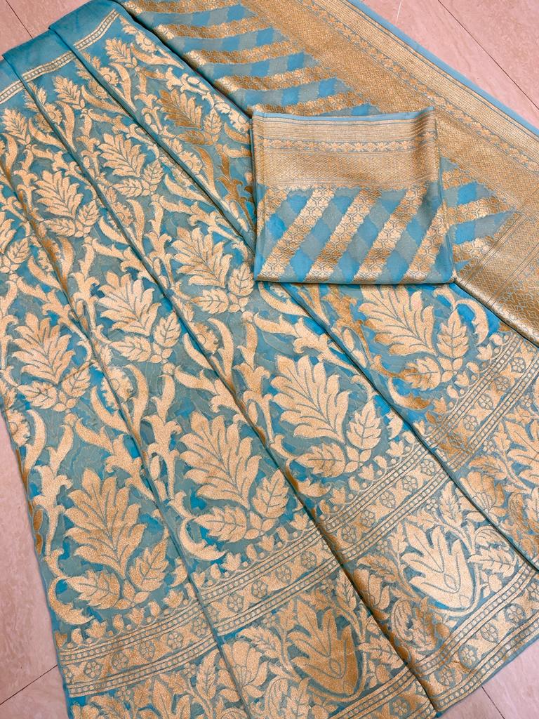 Aqua Blue Pure Khaddi Georgette Handloom Banarasi Lehenga - Stitched - The Handlooms