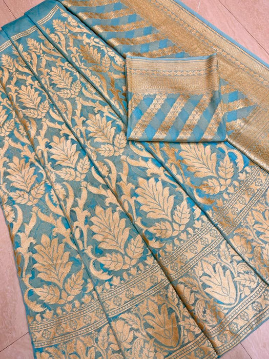 Aqua Blue Pure Khaddi Georgette Handloom Banarasi Lehenga - Stitched