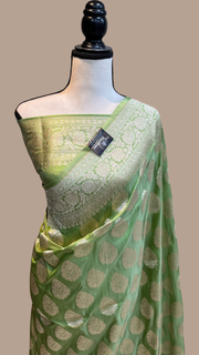 Pista Pure Katan Silk Banarasi Handloom Saree - All over Motifs - The Handlooms