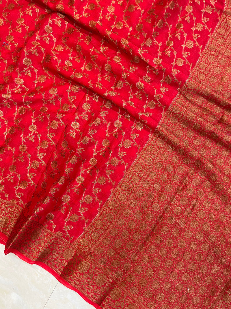 Red Pure Chiffon Khaddi Banarasi Saree - The Handlooms