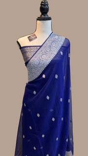 Pure Georgette Banarasi Handloom Saree - Navy Blue - The Handlooms