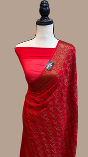 Red Pure Chiffon Khaddi Banarasi Saree - The Handlooms