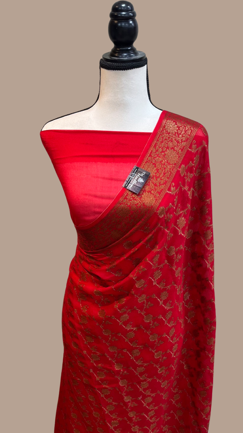 Red Pure Chiffon Khaddi Banarasi Saree - The Handlooms