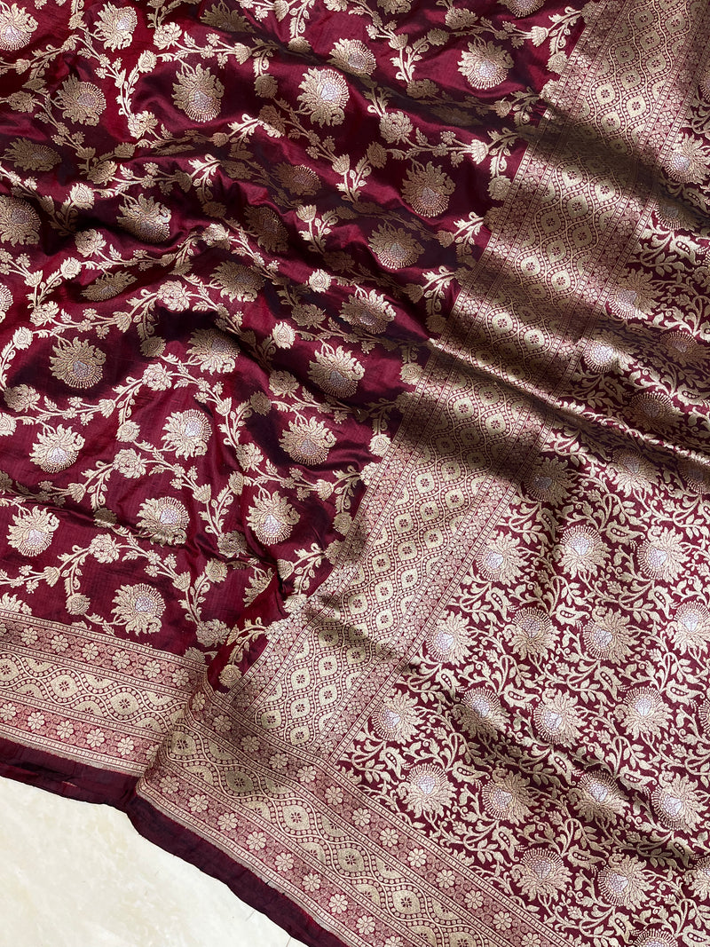 Pure Katan Silk Banarasi Handloom Saree - All over Sona Roopa Jaal work - The Handlooms