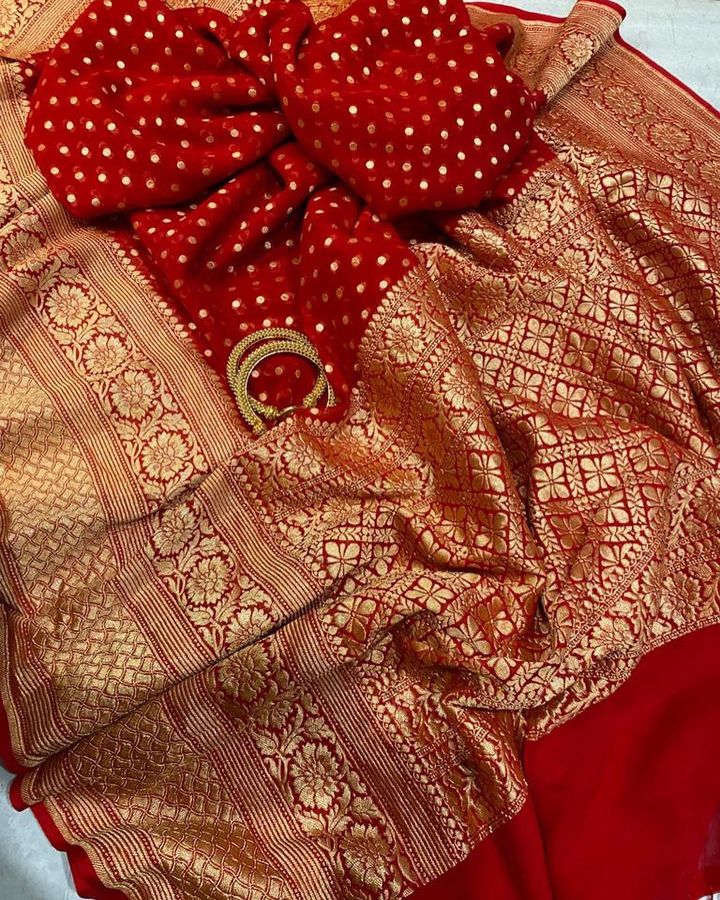 Red Khaddi Georgette Banarasi Saree -  Gold zari - The Handlooms