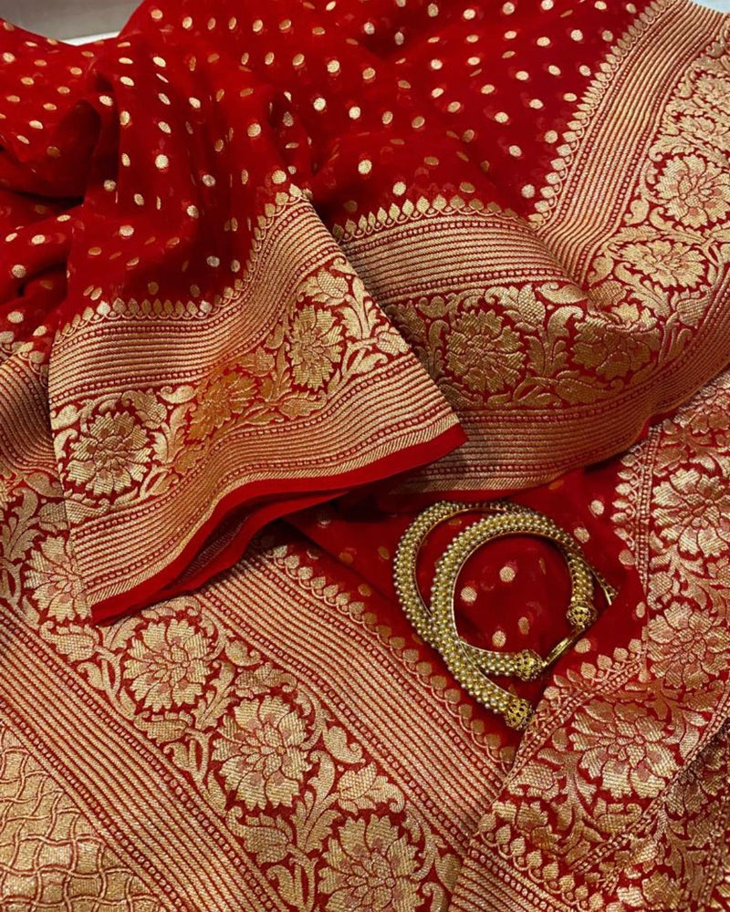 Red Khaddi Georgette Banarasi Saree -  Gold zari - The Handlooms