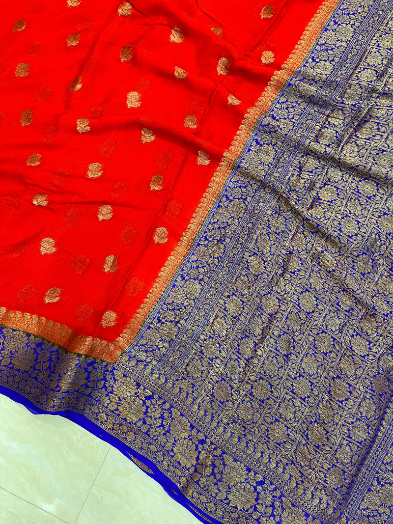 Red Pure Chiffon Khaddi Banarasi Saree - The Handlooms