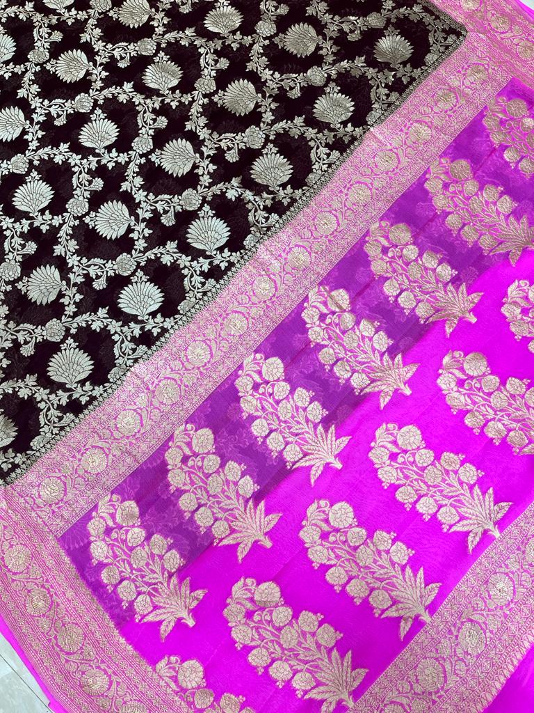 Black Khaddi Georgette Handloom Banarasi Saree - The Handlooms