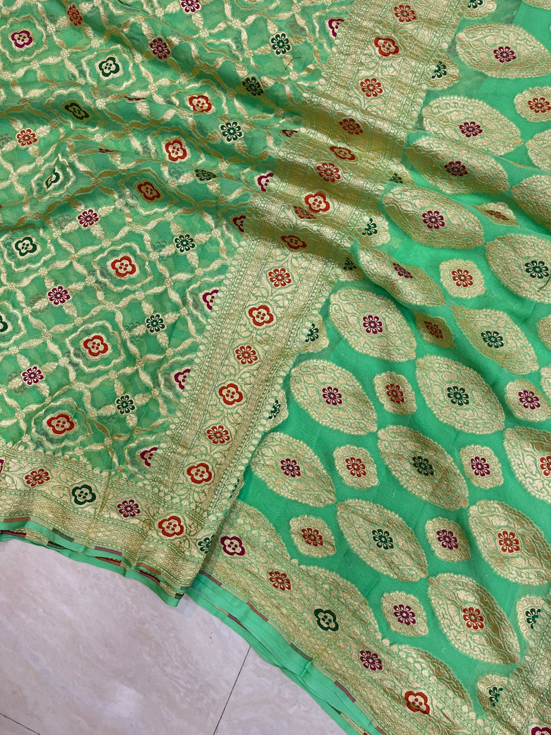 Pure Georgette Banarasi Handloom Saree - with meenakari work Gold Zari - The Handlooms