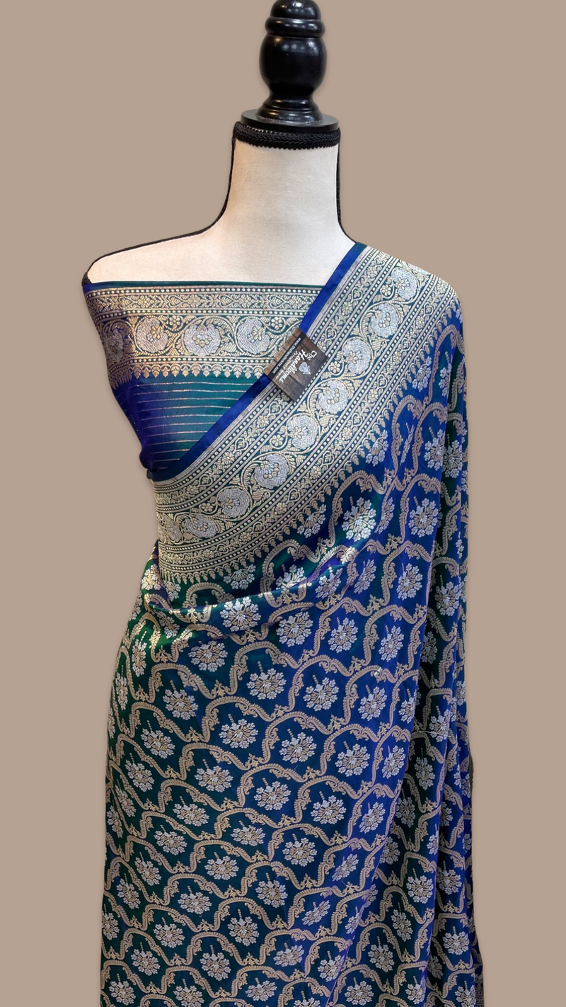 Pure Katan Silk Banarasi Handloom Saree - All over Sona Roopa Jaal work - The Handlooms