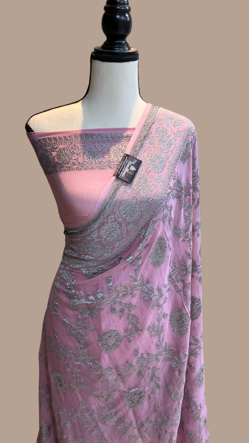 Light pink Khaddi Georgette Banarasi Saree -  Antique zari - The Handlooms