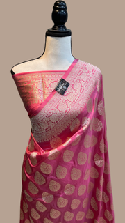 Strawberry Pink Pure Katan Silk Banarasi Handloom Saree - All over Jaal work - The Handlooms