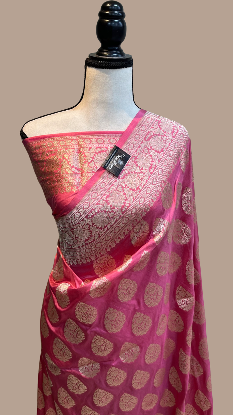 Strawberry Pink Pure Katan Silk Banarasi Handloom Saree - All over Jaal work - The Handlooms