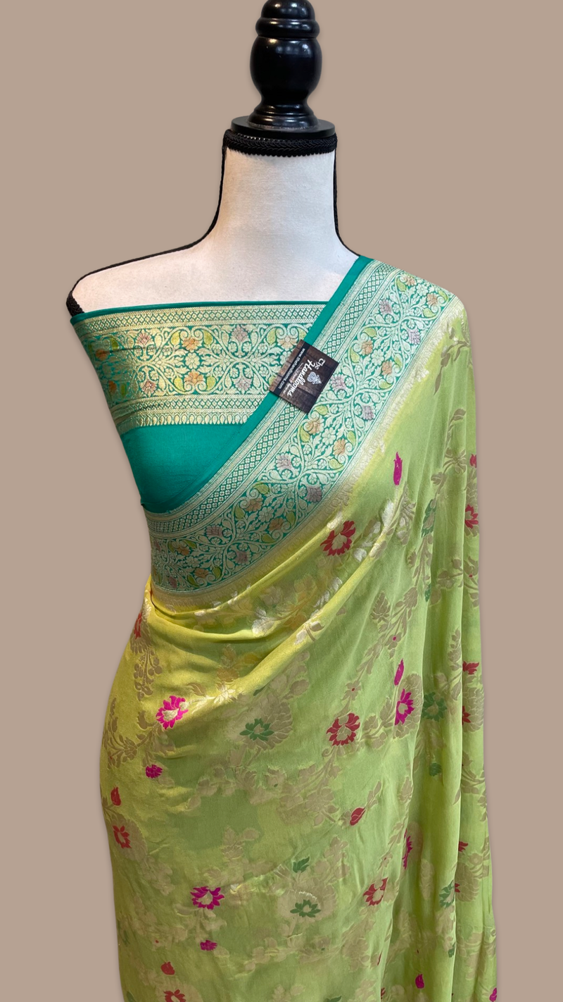 Khaddi Georgette Handloom Banarasi Saree - All over Jaal Work with meenakari - The Handlooms