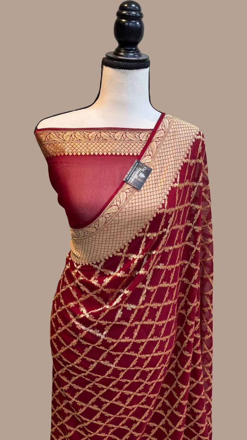 Khaddi Georgette Handloom Banarasi Saree - Gold Zari - The Handlooms
