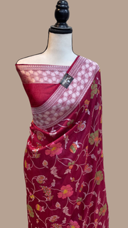 Pure Tussar Georgette Handloom Banarasi Saree - All over Jaal Work with meenakari - The Handlooms