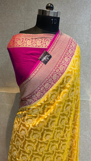 Khaddi Georgette Handloom Banarasi Saree - Gold Zari - The Handlooms