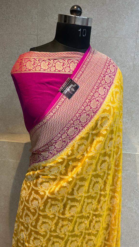Khaddi Georgette Handloom Banarasi Saree - Gold Zari - The Handlooms