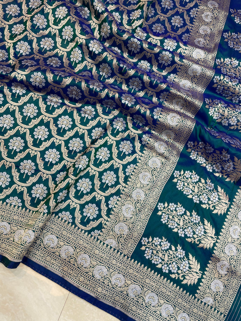Pure Katan Silk Banarasi Handloom Saree - All over Sona Roopa Jaal work - The Handlooms