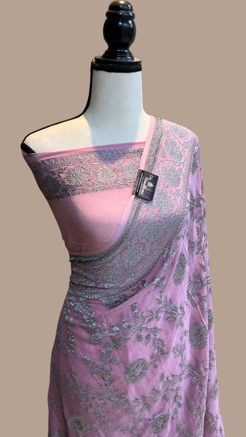 Light pink Khaddi Georgette Banarasi Saree -  Antique zari - The Handlooms