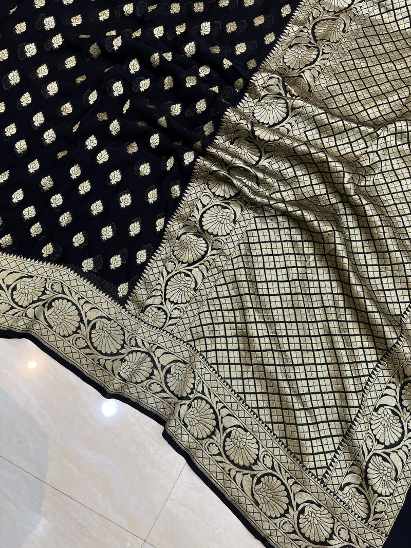 Black Khaddi Georgette Banarasi Saree - Gold zari - The Handlooms