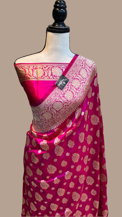 Hot Pink Pure Katan Silk Banarasi Handloom Saree - All over Jaal work