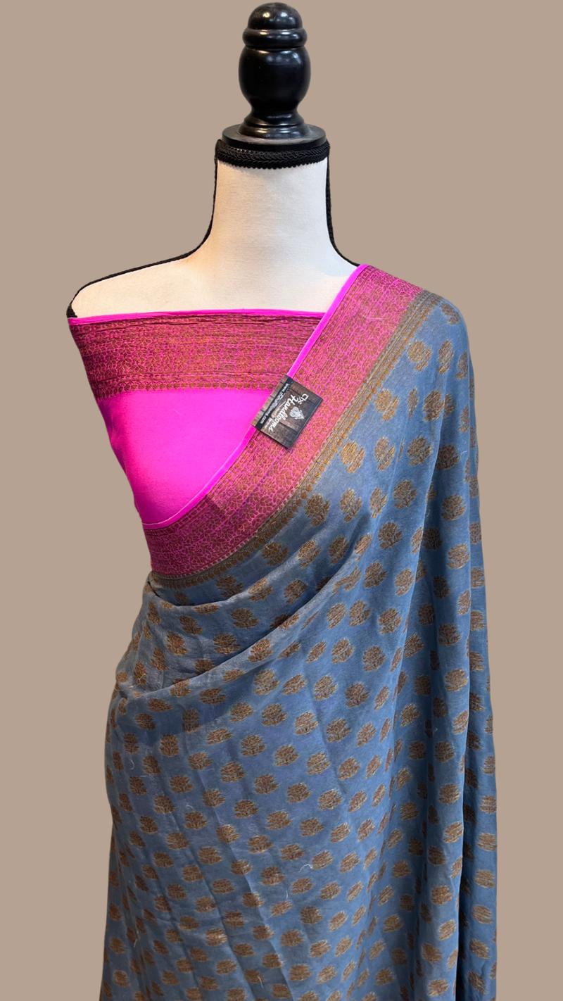 Grey Pure Chiffon Khaddi Banarasi Saree - The Handlooms