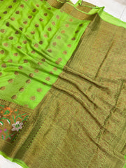 Lime Green Pure Chiffon Khaddi Banarasi Saree - The Handlooms
