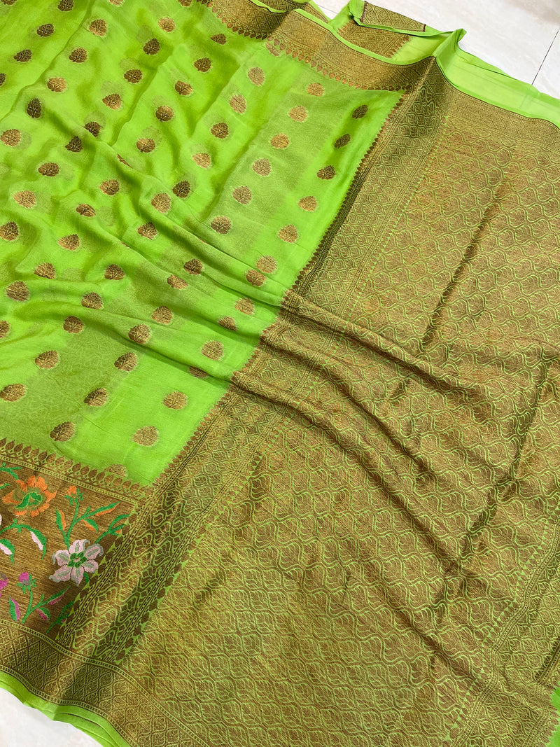 Lime Green Pure Chiffon Khaddi Banarasi Saree - The Handlooms