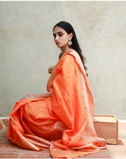 Pure linen Banarasi Peach Saree - The Handlooms
