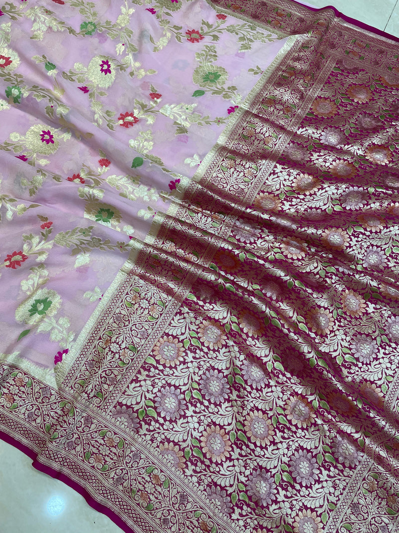 Khaddi Georgette Handloom Banarasi Saree - All over Jaal Work with meenakari - The Handlooms