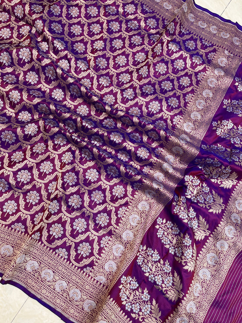 Pure Katan Silk Banarasi Handloom Saree - All over Sona Roopa Jaal work - The Handlooms